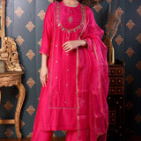 Hand Embroidery Rani Pink Cotton Silk Kurta Set