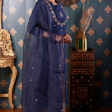 Hand Embroidery Navy Blue Cotton Silk Kurta Set