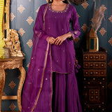 Hand Embroidery Purple Cotton Silk Sharara Set