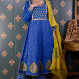 Royal Blue Butti Chandary With Block Print Kurti Set