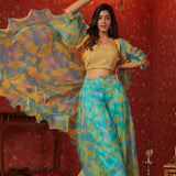 Cerulean Blue Organza Printed Indo-Western Co-Ord Set