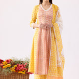 Block Print Cotton Yellow Anarkali With Palazzo Set