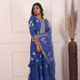 Dark Blue Foil Block Print Kurta Sharara Set With Dupatta