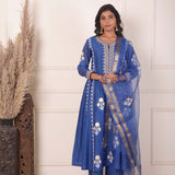 Dark Blue Chanderi Anarkali With Pant And Dupatta