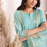 Turquoise Blue Chanderi Straight Kurti With Pant And Dupatta