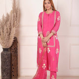 Pink Chanderi Straight Kurti With Pant And Dupatta