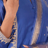 Blue Chanderi Straight Kurti With Pant And Dupatta