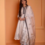 Ivory Foil Block Print Anarkali Set With Black Lace Work