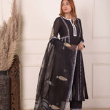 Black Foil Block Print Anarkali Set With White Lace Work