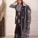 White Foil Block Print Gharara Set With White Lace Work