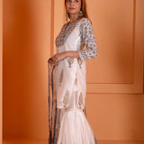 Black Foil Block Print Gharara Set With White Lace Work