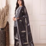 White Foil Block Print Straight Kurta Set With Black Lace Work