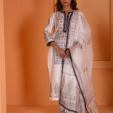 Black Foil Block Print Straight Kurta Set With Black Lace Work