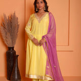 Yellow Embroidery Kurta Palazzo Set With Contrast Dupatta