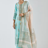 Light Blue Cotton Silk Ethnic Suit Set With Subtle Floral Design