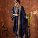 Deep Navy Blue Velvet Embroidered Kurti Set