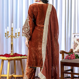 Rust Brown Velvet Embroidered Kurti Set