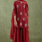 Dark Maroon Kurta Sharara Set With Gold Lace Work Bottom