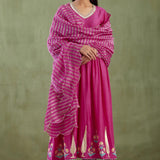 Dark Pink Cotton Silk Anarkali Suit Set With Floral Design