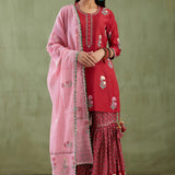 Maroon Cotton Silk Kurti Set With Gharara Pants