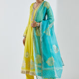 Lemon Yellow Anarkali Set With Gold And Silver Print