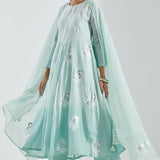 Light Sky Blue Kurti Set With Silver Floral Design