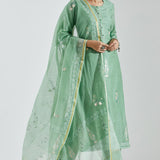 Light Mint Green Kurti Set With Silver Floral Design