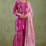 Dark Pink Floral Foil Printed Beautiful Cotton Silk Kurti Set With Gharara Pants