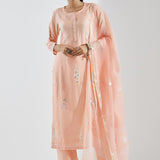Printed Light Pink Kurti Set With Silver Floral Design