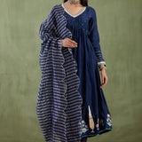 Dark Blue Cotton Silk Anarkali Suit Set With Floral Design