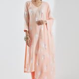 Printed Peach Kurti Set With Silver Floral Design
