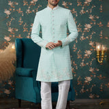 Mint Green Art Silk Two Piece Sherwani Set