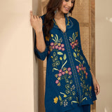 Dark Blue Floral Embroidered Polyester Co-Ord Set