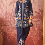 Navy Blue Floral Embroidered Polyester Co-Ord Set