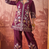 Dark Purple Floral Embroidered Polyester Co-Ord Set