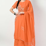 Pumpkin Orange Georgette Floral Embroidered Kurti Set