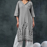 Gray Rayon Kurta Set With Leaf Embroidery