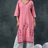 Soft Pink Rayon Kurta Set With Leaf Embroidery