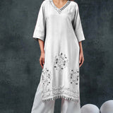 Off-White Rayon Kurta Set With Leaf Embroidery