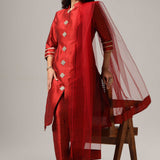 Maroon Raw Silk Kurti With Pants And Dupatta