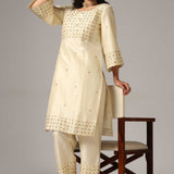 Cream Raw Silk Kurti With Palazzo Pants And Dupatta