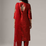 Maroon Raw Silk Kurti With Pants And Net Dupatta