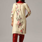 Cream Raw Silk Kurti With Contrast Pants And Netted Dupatta Set