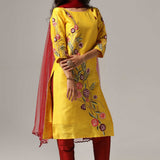 Yellow Raw Silk Kurti With Pants And Dupatta