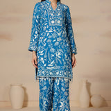 Aqua Blue Georgette Embroidered Kurti Set With Loose Pants