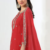 Apple Red Georgette Embroidered Kurti Set