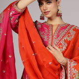 Bright Fuchsia Pink Dupion Silk Embroidered Kurti Set