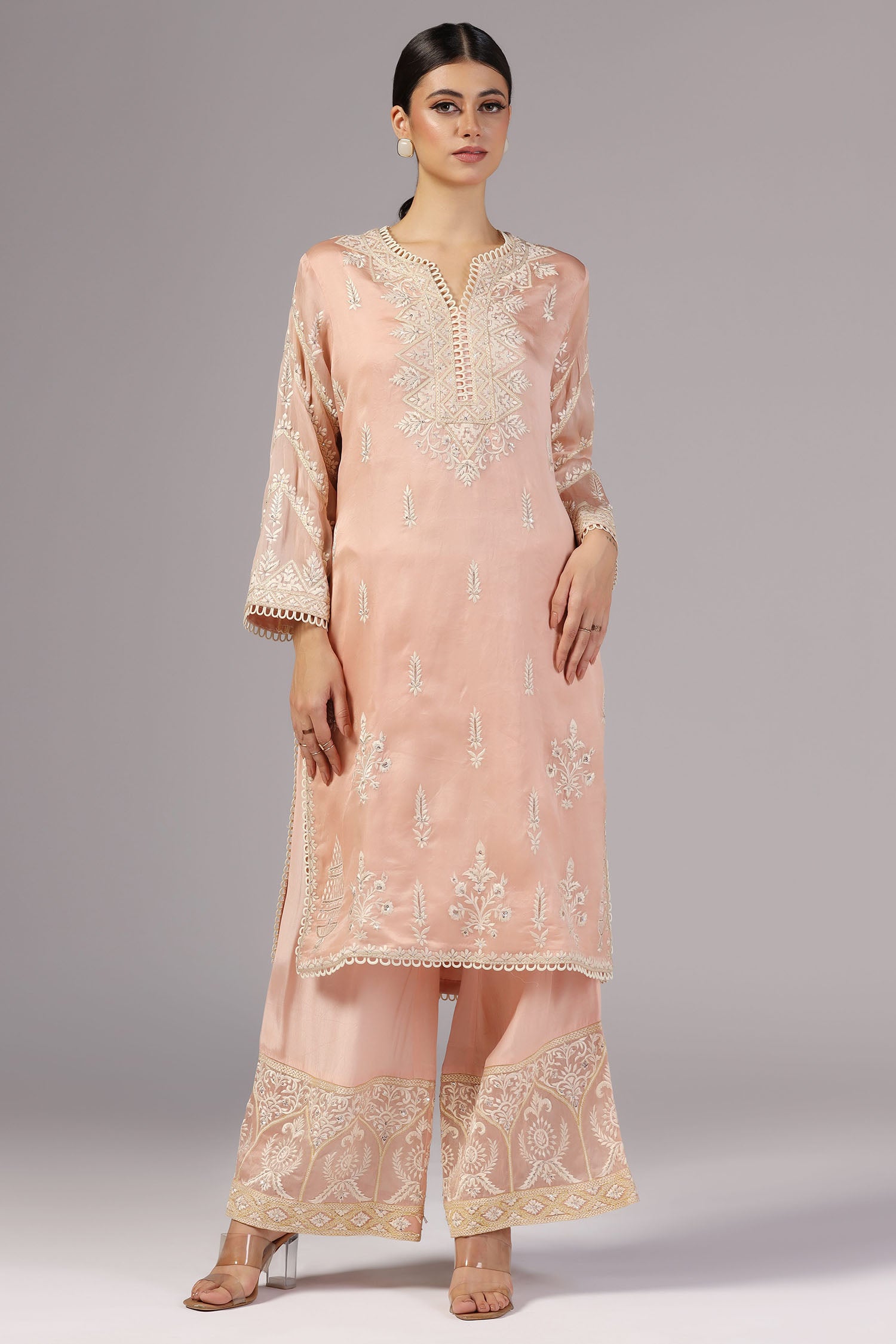 <img> Peach Pink Organza Thread Embroidered Kurti Set