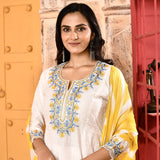 Ivory Neck Embroidered A-Line Kurta And Palazzo With Yellow Dupatta