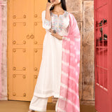 Ivory Neck Embroidered Kurta And Palazzo With Pink Dupatta